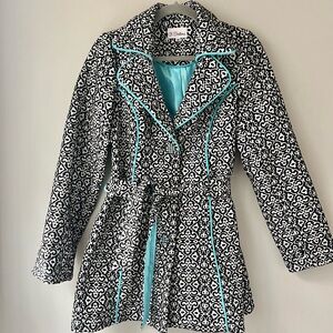 3 Sisters | Black Turquoise Aqua Damask Tapestry Pea Coat Belted Rhinestone